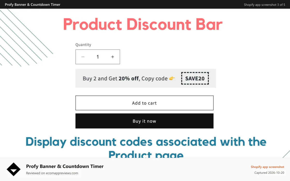Profy Banner & Countdown Timer Shopify app screenshot: Product Discount Bar