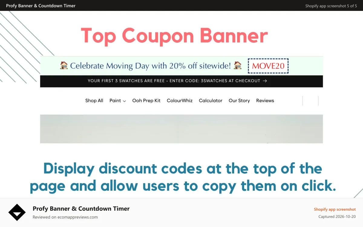 Profy Banner & Countdown Timer Shopify app screenshot: top coupon bar