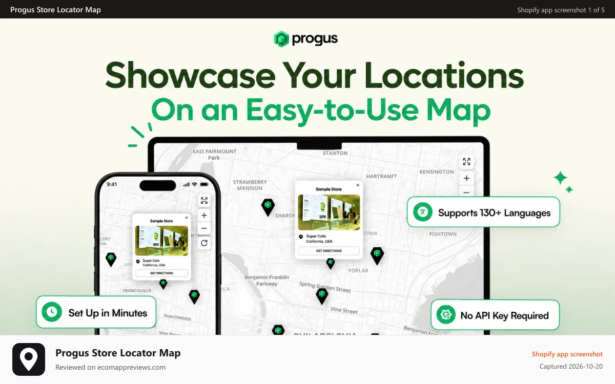 Progus Store Locator Map Shopify app screenshot: Progus Store Locator Map App Listing