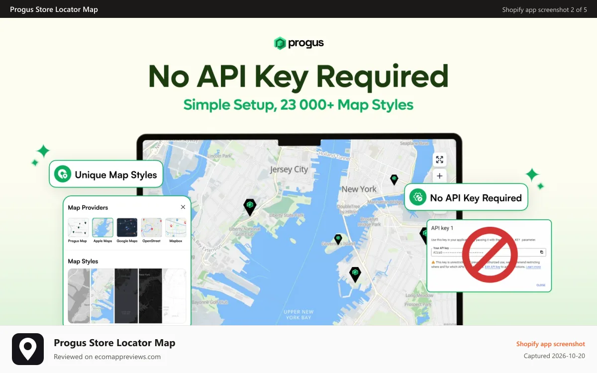 Progus Store Locator Map Shopify app screenshot: Progus Store Locator Map - No API Key required