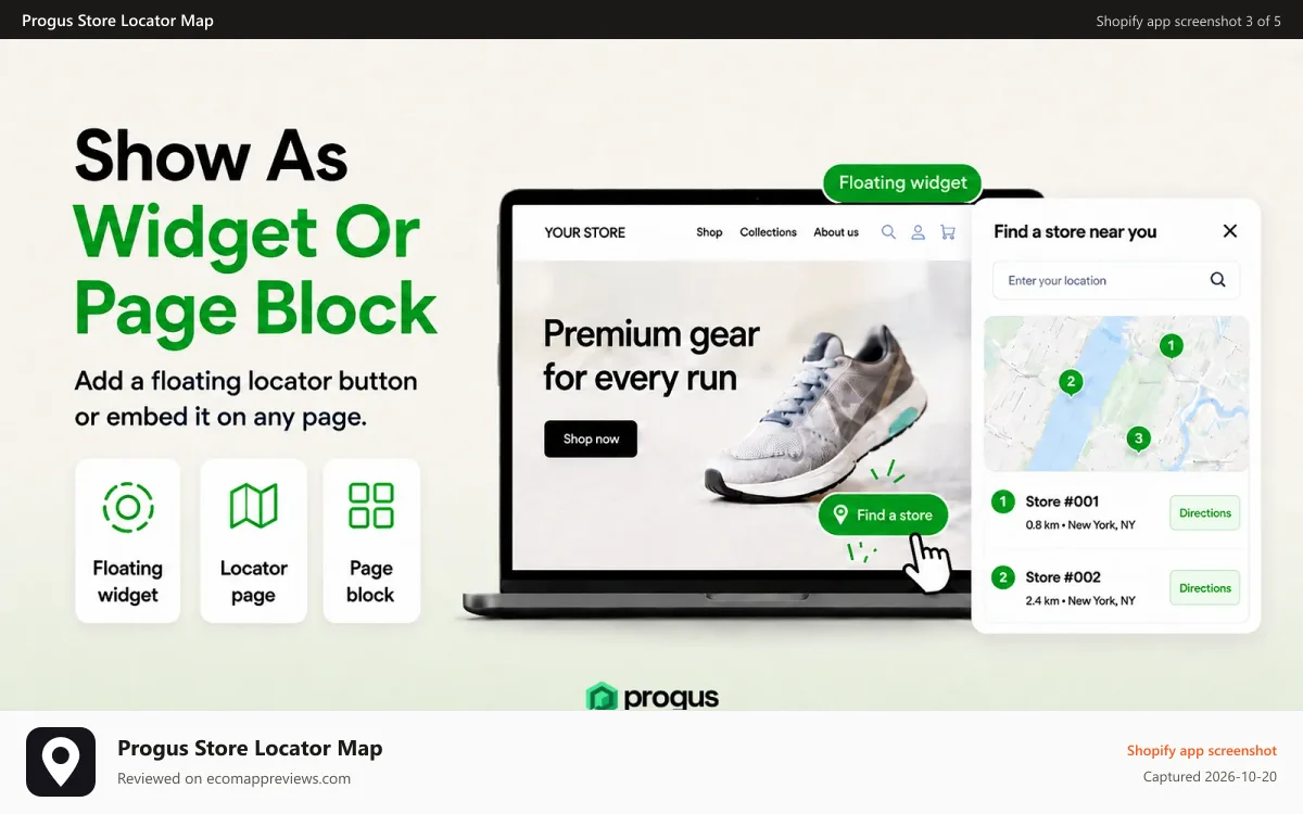 Progus Store Locator Map Shopify app screenshot: Progus Store Locator Map - Widget