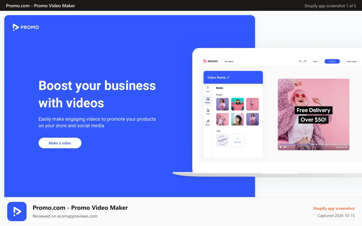 Promo.com ‑ Promo Video Maker Shopify app screenshot: Boost your business with amazing marketing videos