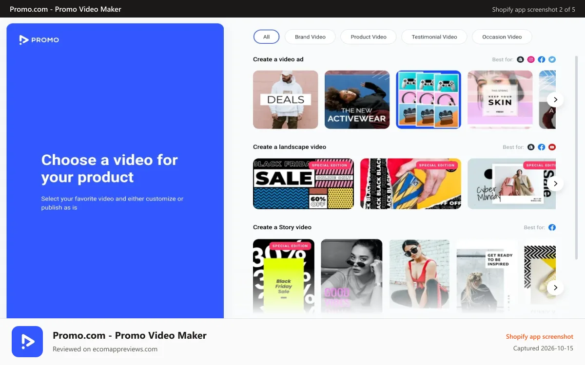 Promo.com ‑ Promo Video Maker Shopify app screenshot: Select a template from dozens of beautiful & engaging templates