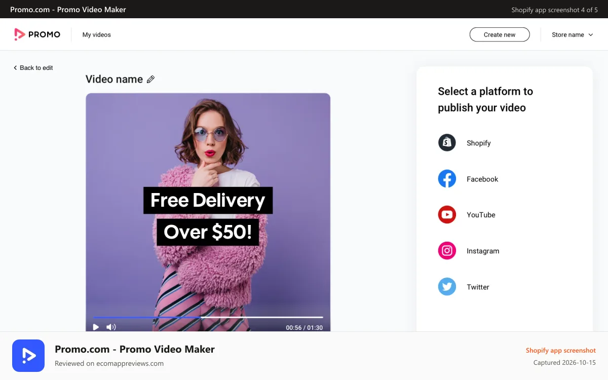 Promo.com ‑ Promo Video Maker Shopify app screenshot: Publish on your store or on your social channels