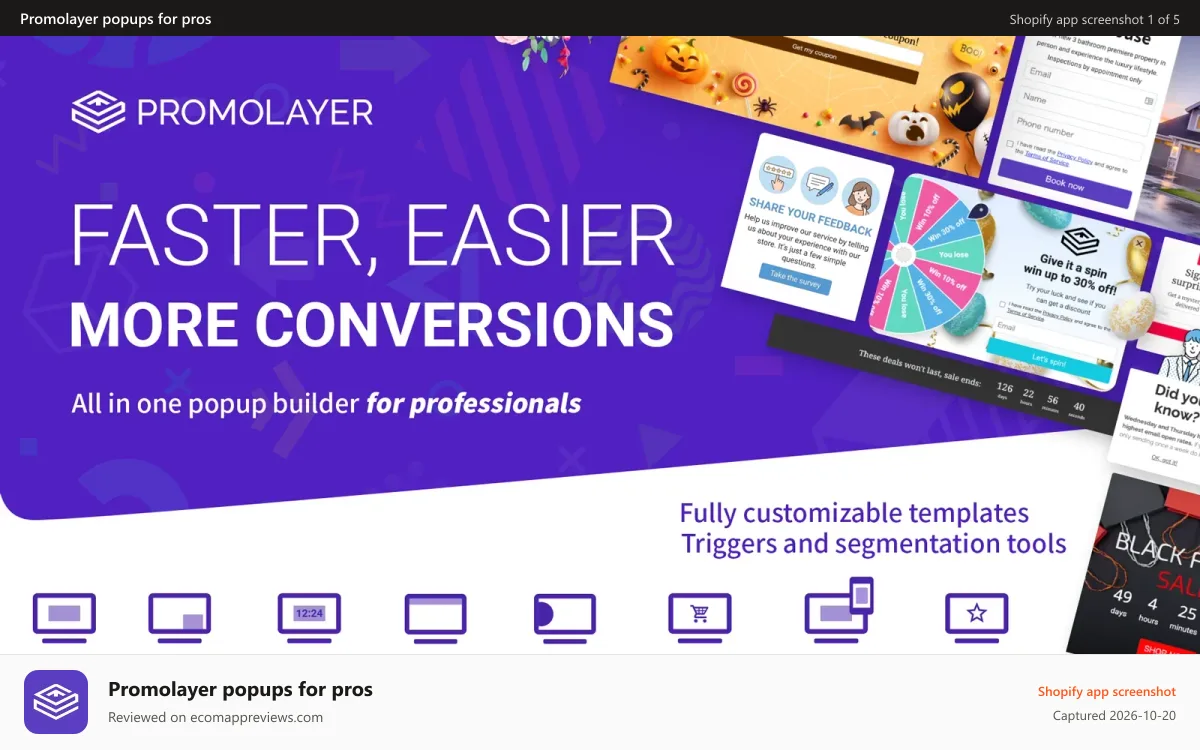 Promolayer popups for pros Shopify app screenshot: Promolayer popups, banners, win wheels, slide ins and more.