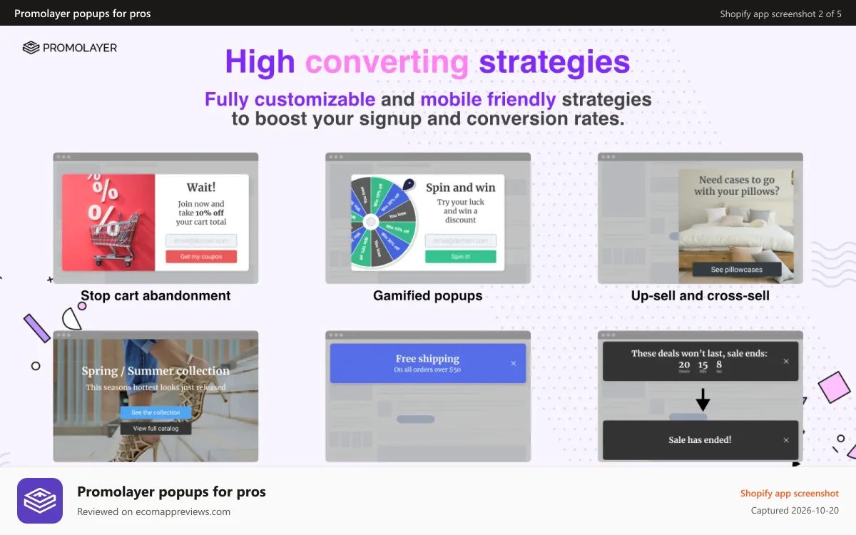 Promolayer popups for pros Shopify app screenshot: Increase your revenue with many high-converting strategies.