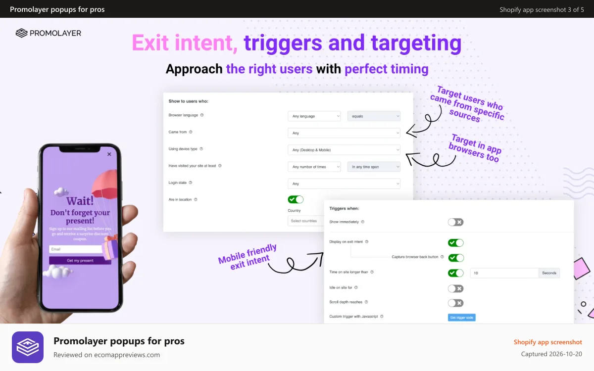 Promolayer popups for pros Shopify app screenshot: Display to the right people with perfect timing.