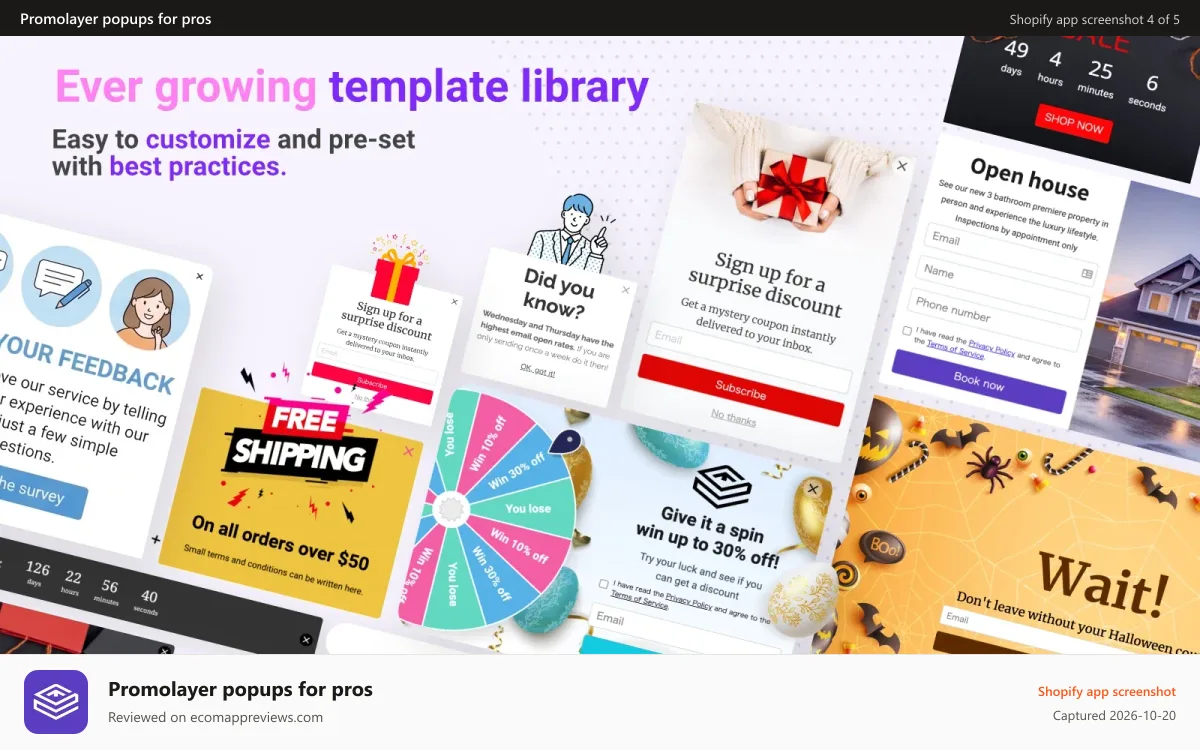 Promolayer popups for pros Shopify app screenshot: We've got lots of customizable templates