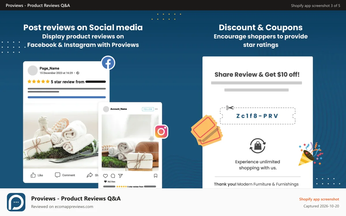 Proviews ‑ Product Reviews Q&A Shopify app screenshot: Facebook & Instagram reviews. Discount coupon for product review