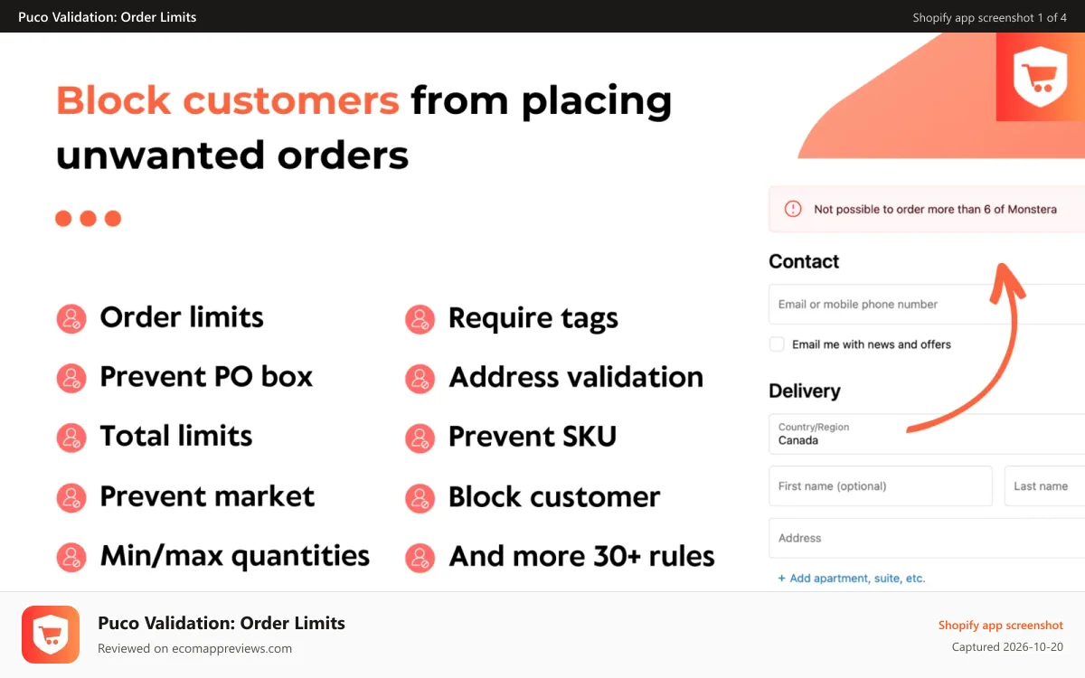 Puco Validation: Order Limits Shopify app screenshot: Banner