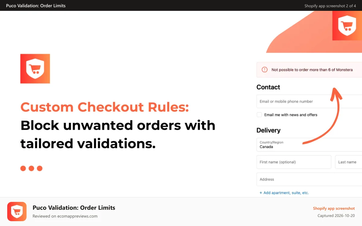 Puco Validation: Order Limits Shopify app screenshot: Block unwanted order