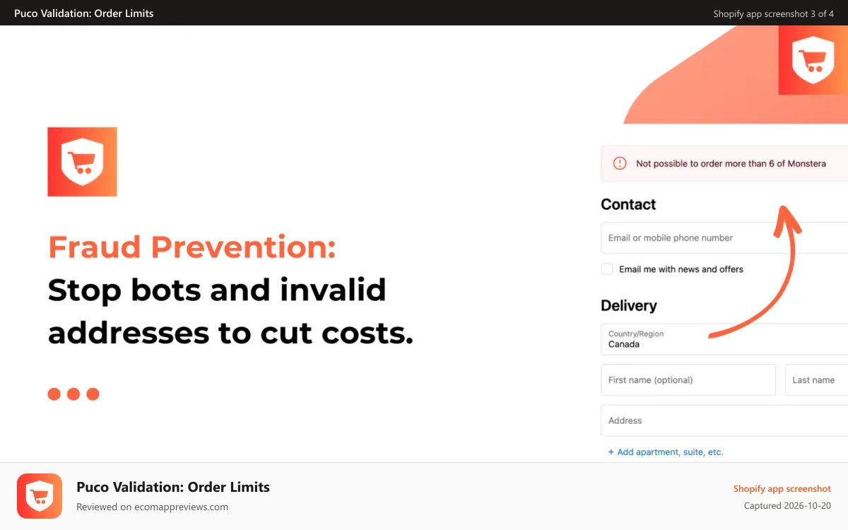 Puco Validation: Order Limits Shopify app screenshot: Block invalid addresses