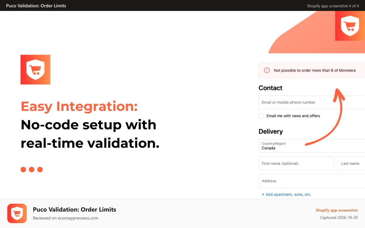 Puco Validation: Order Limits Shopify app screenshot: No code setup