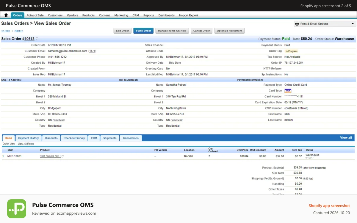 Pulse Commerce OMS Shopify app screenshot: Pulse Commerce Sales Order Details