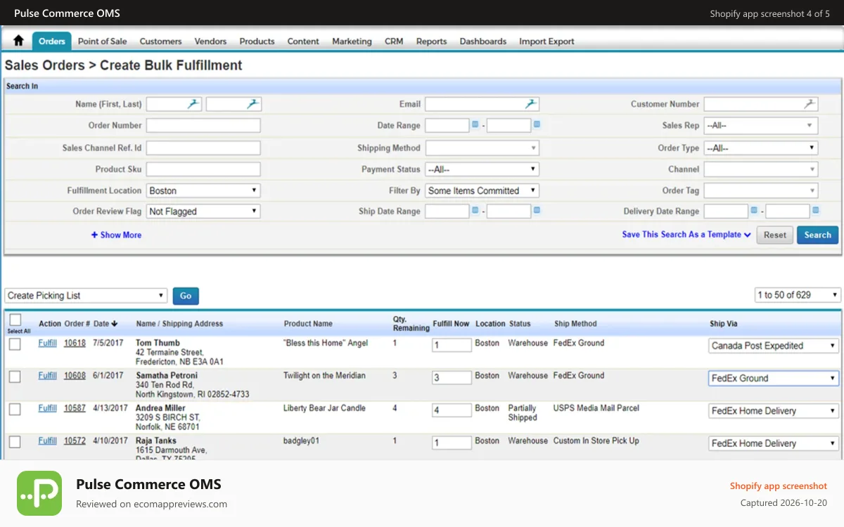 Pulse Commerce OMS Shopify app screenshot: Pulse Commerce Create Bulk Fulfillment, Save Fulfillment Templat