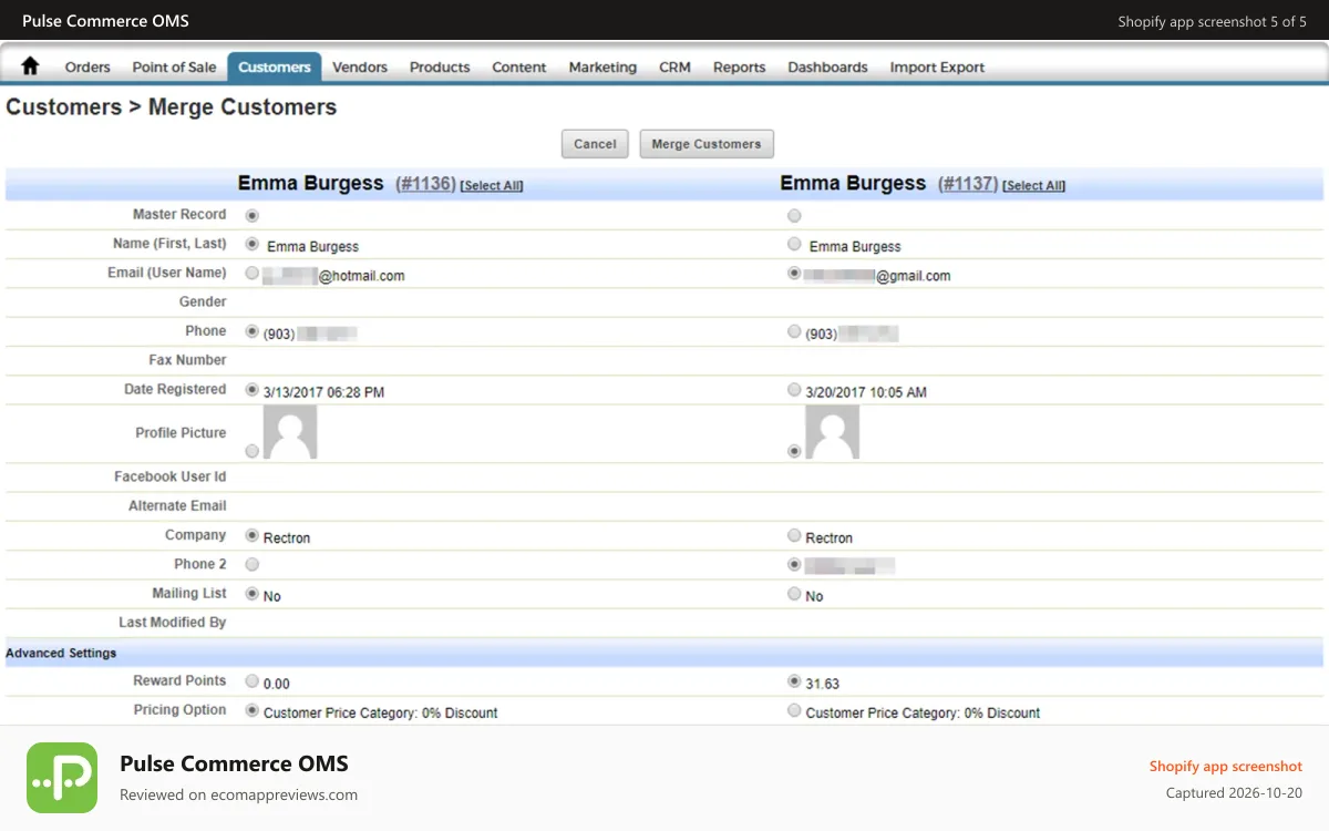 Pulse Commerce OMS Shopify app screenshot: Pulse Commerce Enterprise-Class Features such as Merge Duplicate
