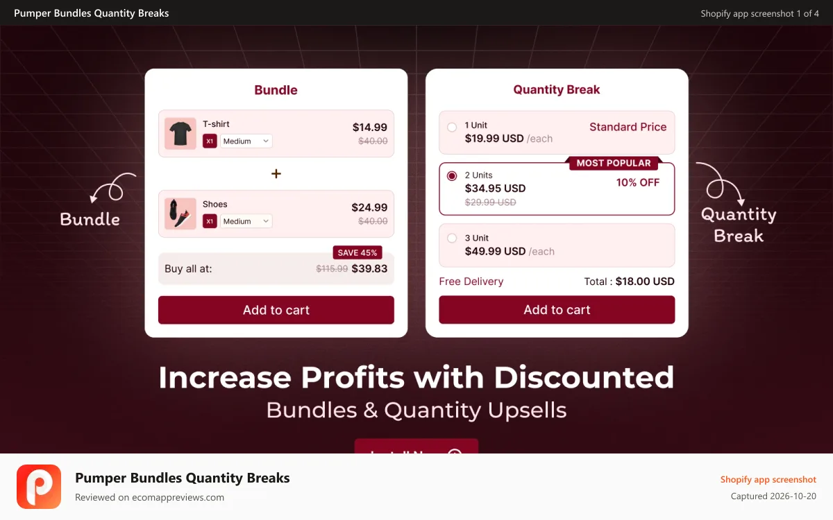 Pumper Bundles Quantity Breaks Shopify app screenshot: Bundle Builder and Bundle Offer Creator