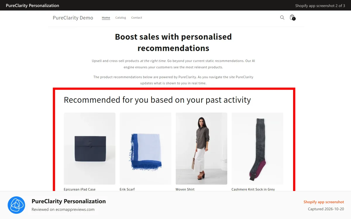 PureClarity Personalization Shopify app screenshot: Intelligent Product Recommenders