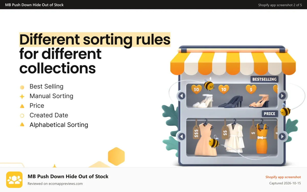 MB Push Down Hide Out of Stock Shopify app screenshot: different sorting rules for different collections