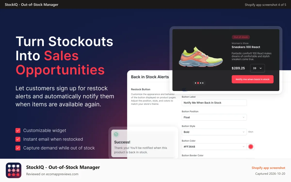 StockIQ ‑ Out‑of‑Stock Manager Shopify app screenshot: Real time back-in-stock notifications for shoppers