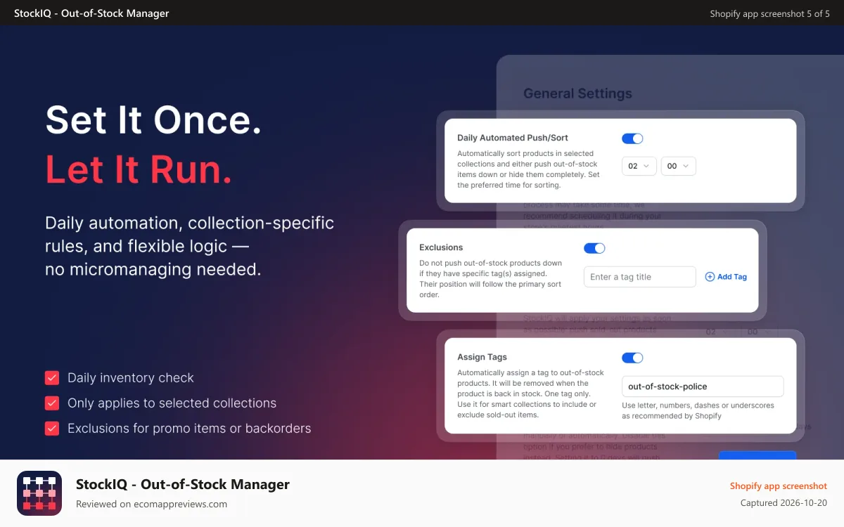 StockIQ ‑ Out‑of‑Stock Manager Shopify app screenshot: Out-Of-Stock Manager comprehensive configuration options