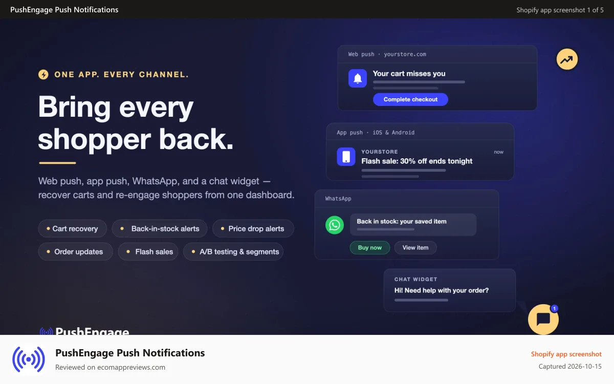 PushEngage Push Notifications Shopify app screenshot: Web push, app push, chat widgets, and cart recovery | PushEngage