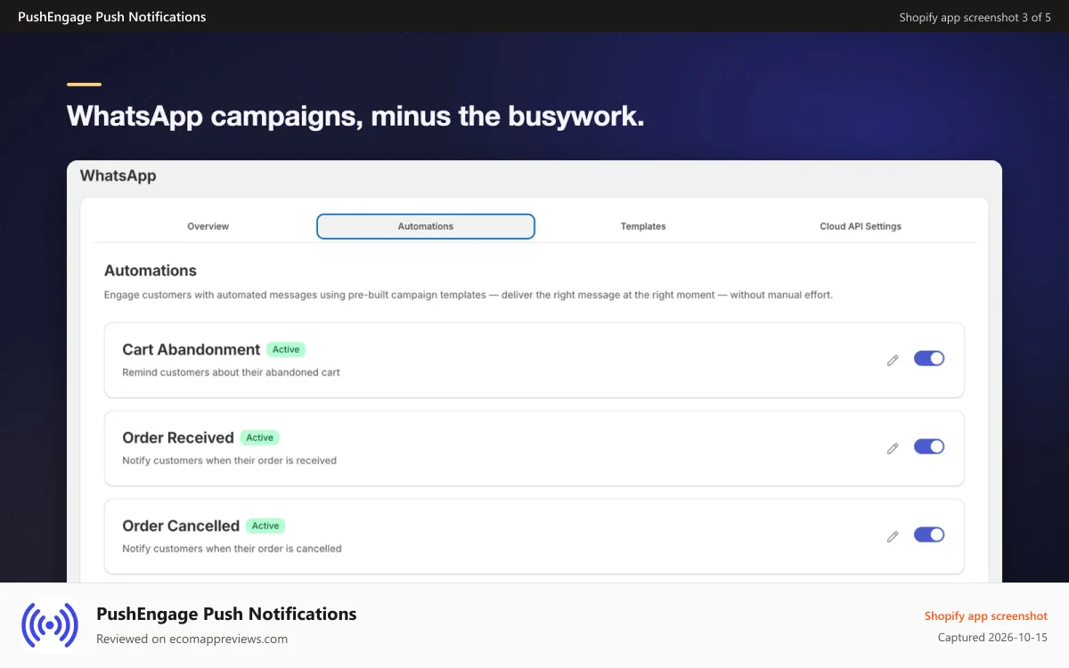 PushEngage Push Notifications Shopify app screenshot: WhatsApp campaigns, minus the busywork.