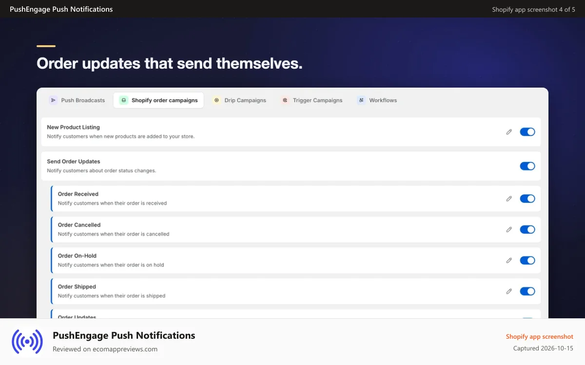 PushEngage Push Notifications Shopify app screenshot: Shopify order updates that send themselves.