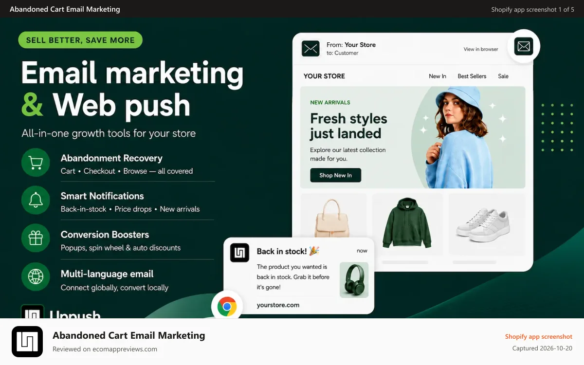 Abandoned Cart Email Marketing Shopify app screenshot: Abandoned Cart Recovery Email and Web Push Notification