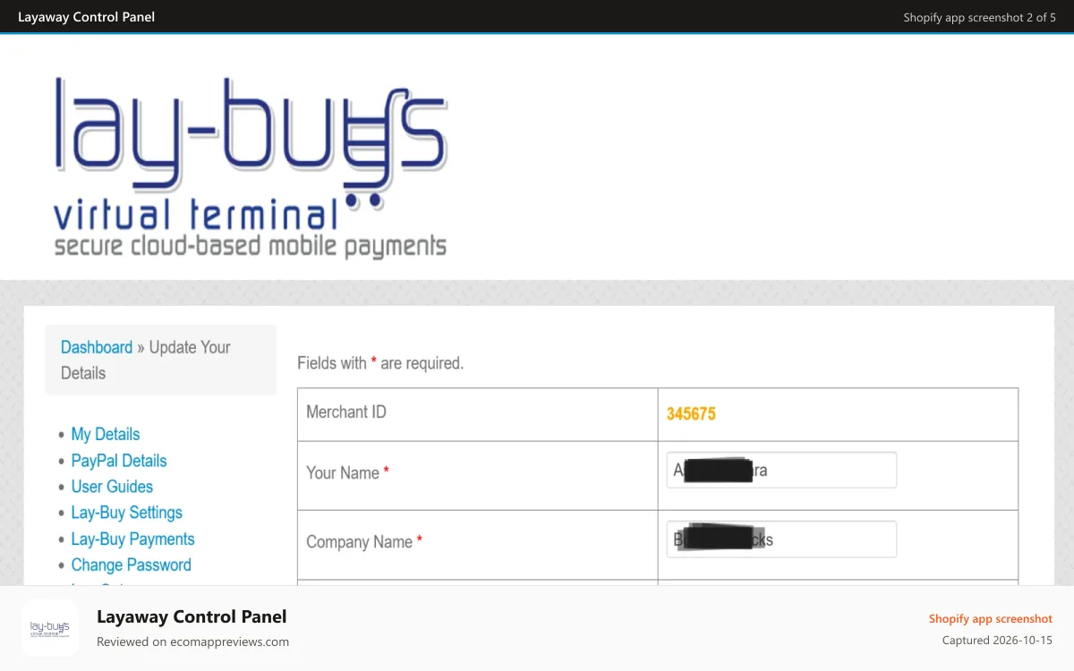 Layaway Control Panel Shopify app screenshot: Update Your Details Page