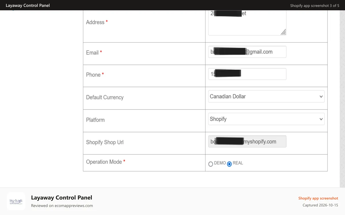 Layaway Control Panel Shopify app screenshot: Update Your Details Page