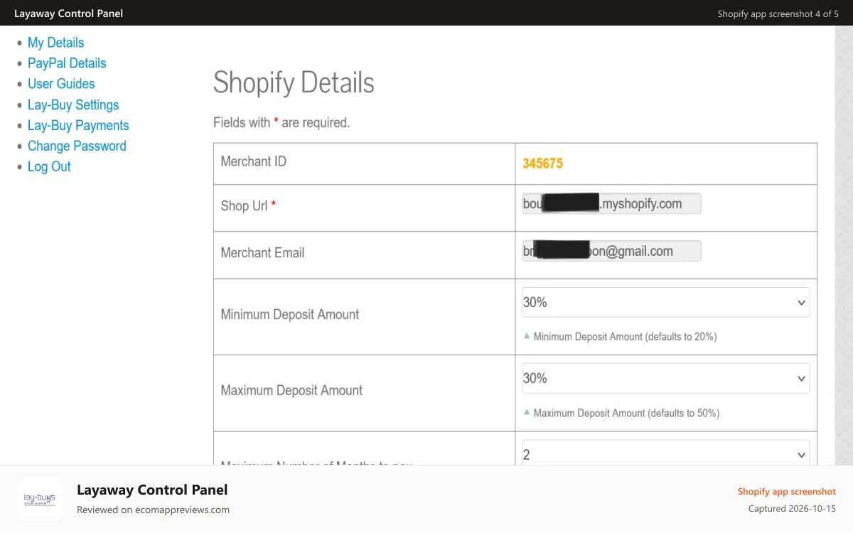 Layaway Control Panel Shopify app screenshot: Shop Details Page