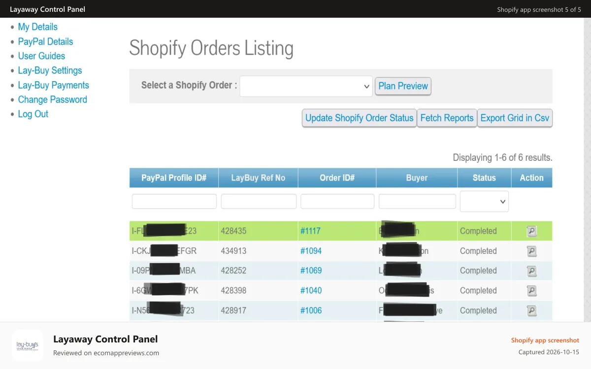 Layaway Control Panel Shopify app screenshot: Order Listing Page