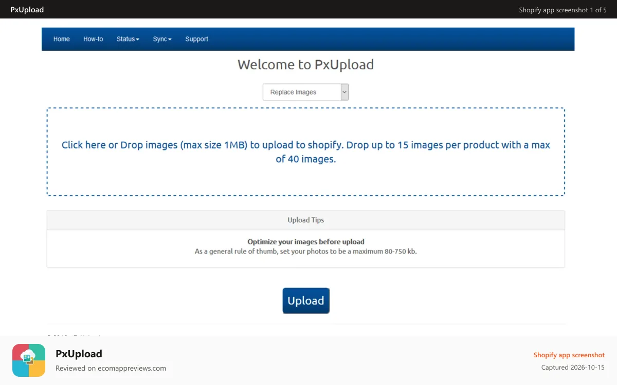 PxUpload Shopify app screenshot: Upload