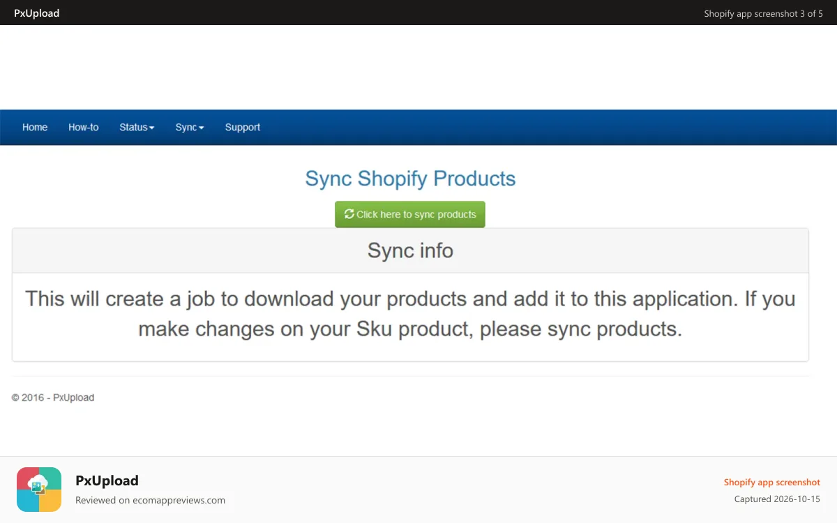 PxUpload Shopify app screenshot: Sync Products