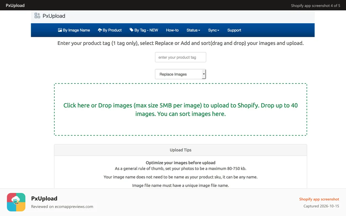 PxUpload Shopify app screenshot: Upload by tag