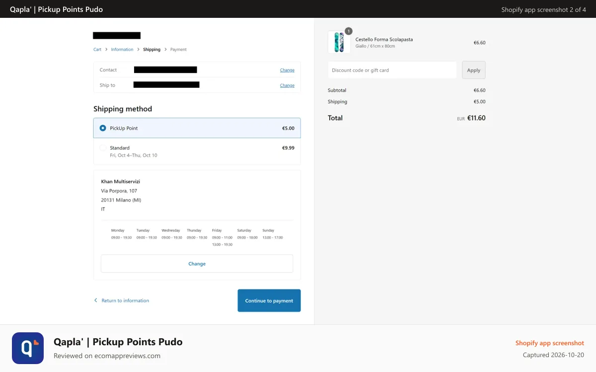 Qapla' | Pickup Points Pudo Shopify app screenshot: Selection of the pickup point as shipping method