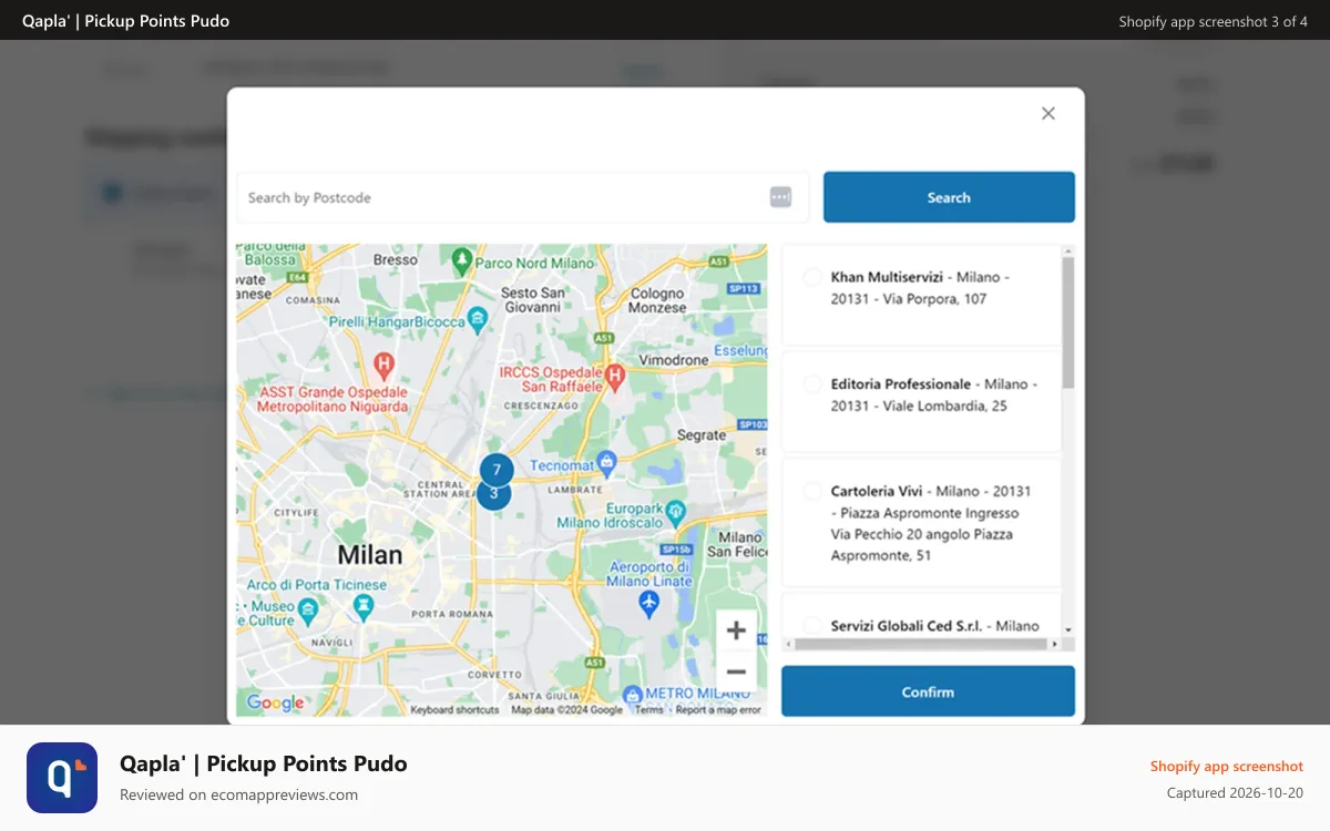 Qapla' | Pickup Points Pudo Shopify app screenshot: Display of the nearest pickup points to me