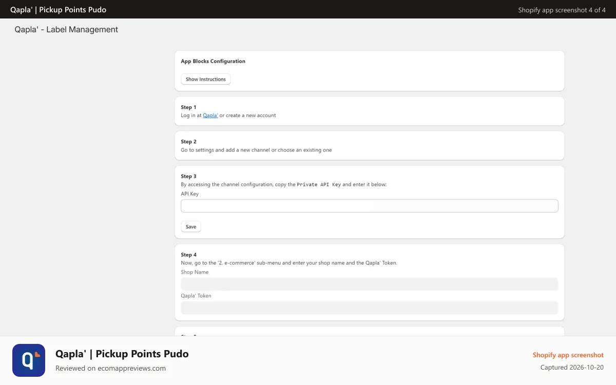 Qapla' | Pickup Points Pudo Shopify app screenshot: Plug-in configuration