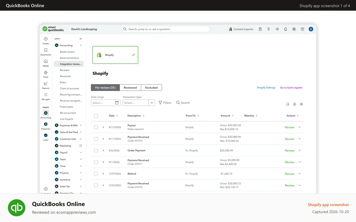 QuickBooks Online Shopify app screenshot: Review sales, refunds and payouts all in one view.