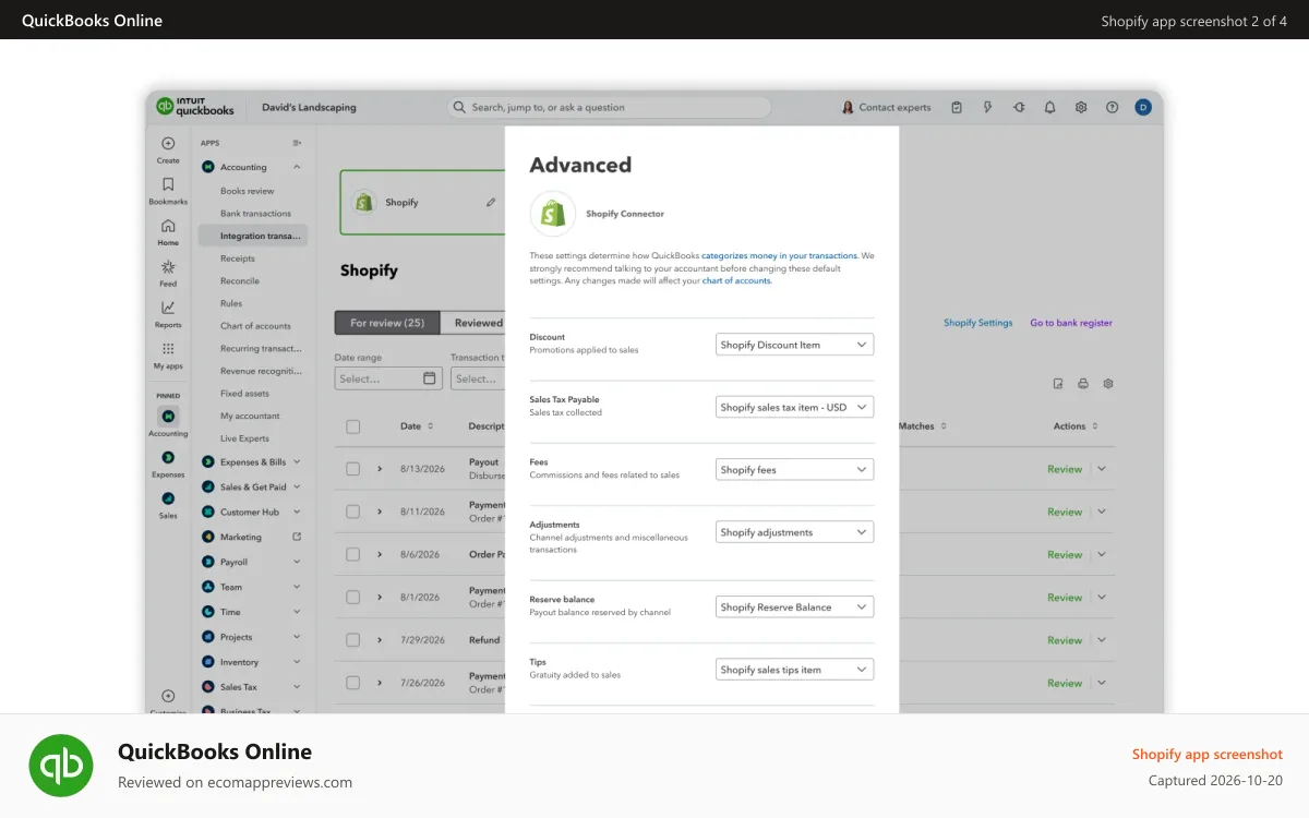 QuickBooks Online Shopify app screenshot: Set up workflows based on your business needs to automate work.
