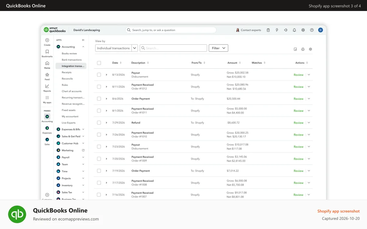 QuickBooks Online Shopify app screenshot: Orders, payouts and refunds are automatically import.