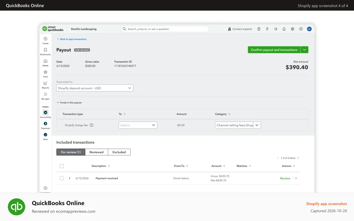 QuickBooks Online Shopify app screenshot: Automatically link sales, refunds and fees to payouts.