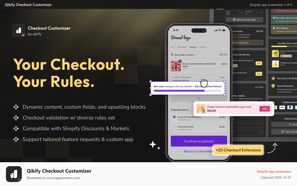Qikify Checkout Customizer Shopify app screenshot: checkout blocks customization w/ checkout discounts, checkout ru