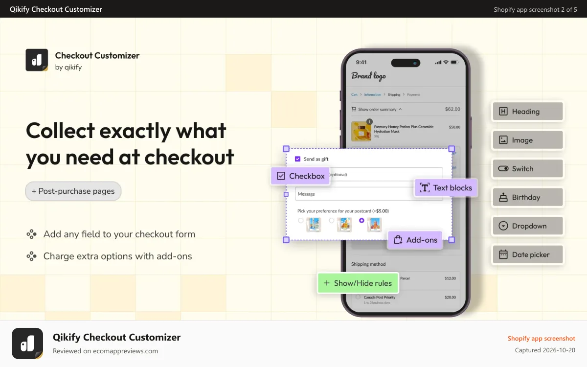 Qikify Checkout Customizer Shopify app screenshot: Add extra checkout blocks content with custom checkout fields