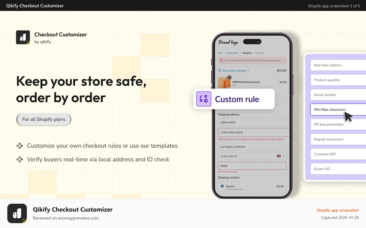 Qikify Checkout Customizer Shopify app screenshot: Checkout validation, checkout rules, fraud prevention
