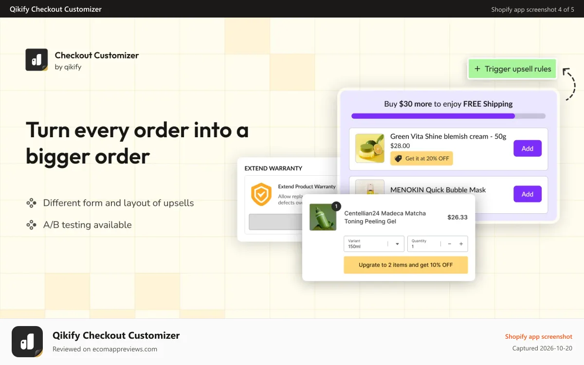 Qikify Checkout Customizer Shopify app screenshot: Upsell in checkout with checkout discount offers components