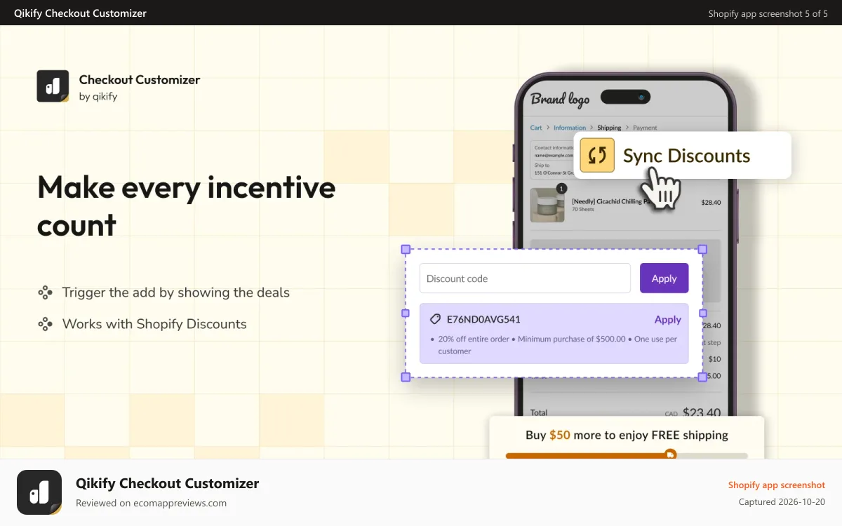 Qikify Checkout Customizer Shopify app screenshot: sync Shopify discounts