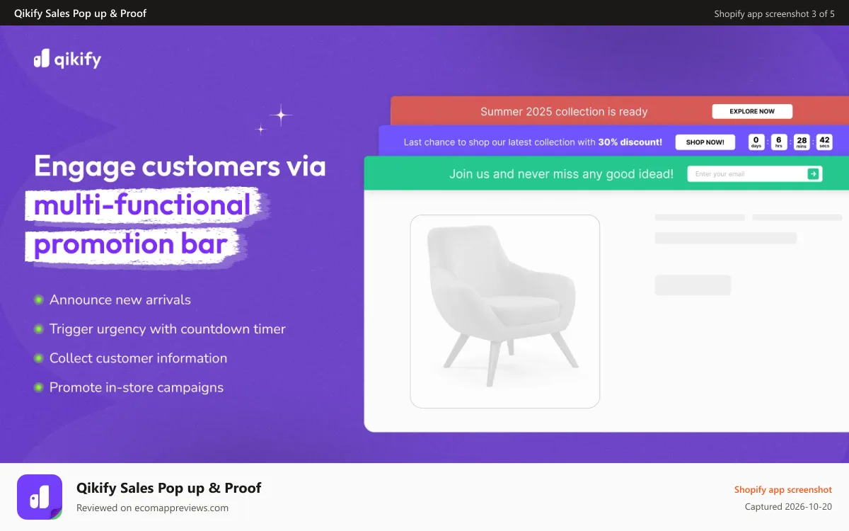 Qikify Sales Pop up & Proof Shopify app screenshot: promotion bar announcement bar