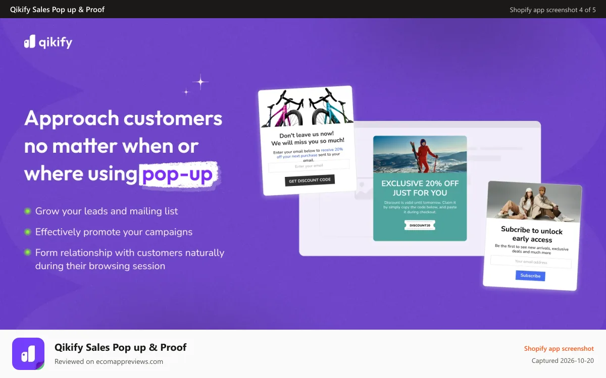 Qikify Sales Pop up & Proof Shopify app screenshot: pop ups sales popup